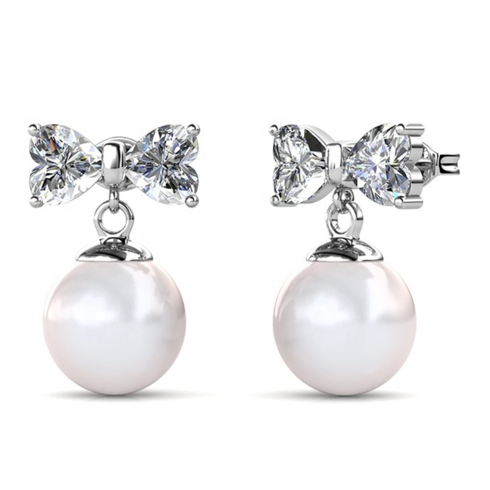 Heart Bow With Pearl Drop Earrings Australian Crystals - Picture 4 of 5